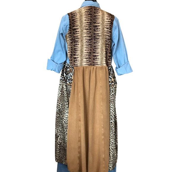Patchwork Duster Jacket Dress, M: Upcycled Animal Print Button-Down Boho Kaftan - Picture 3 of 13